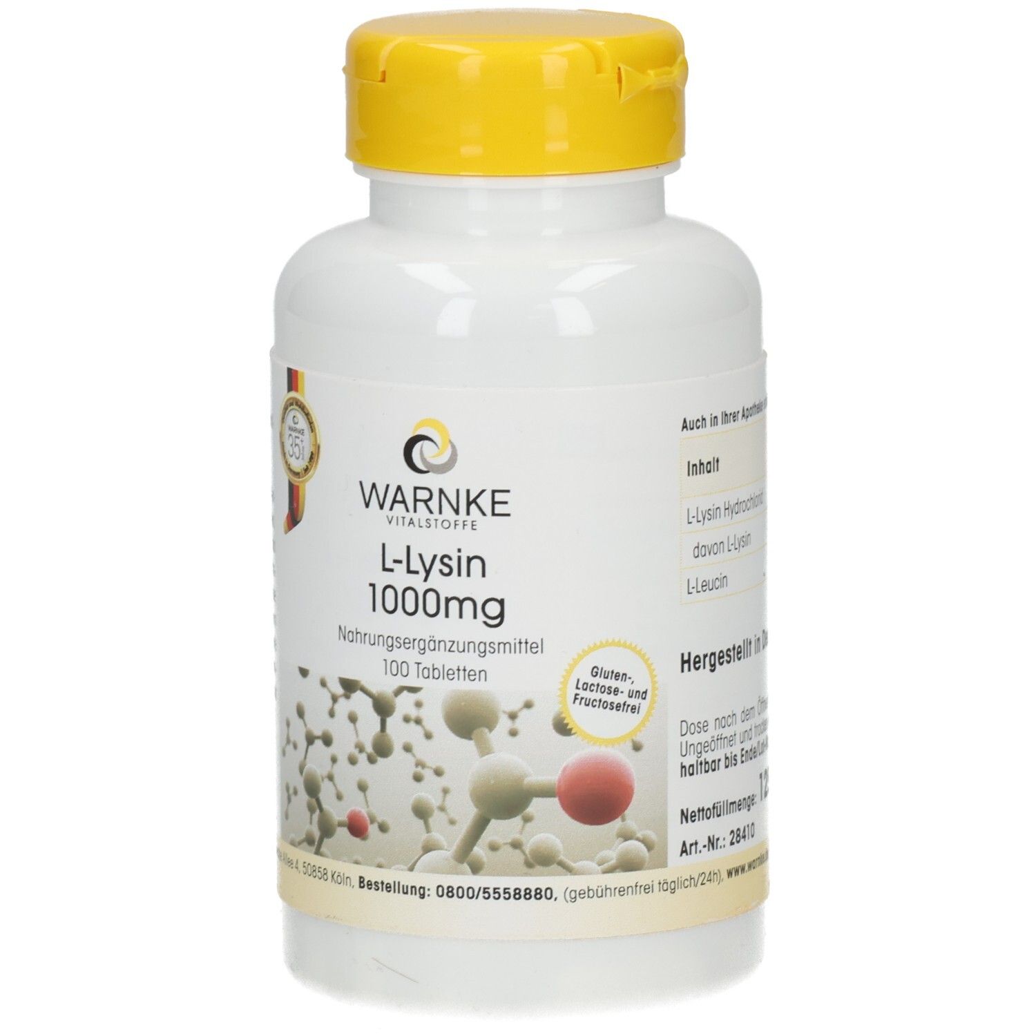 Flacon blanc avec bouchon jaune. Inscription : L-Lysine 1000mg, 100 comprimés. Marque : Warnke Vitalstoffe. Sans gluten ni lactose.