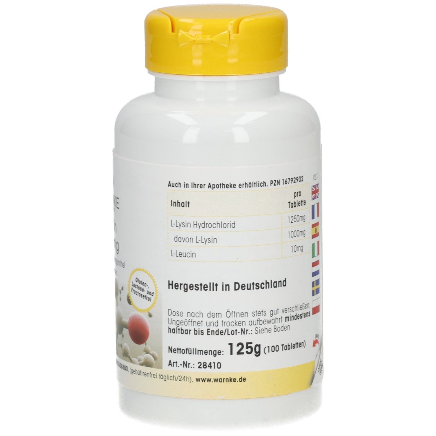 Flacon blanc avec bouchon jaune. Inscription : L-Lysine 1000mg, 100 comprimés. Contenu par comprimé. Fabriqué en Allemagne.