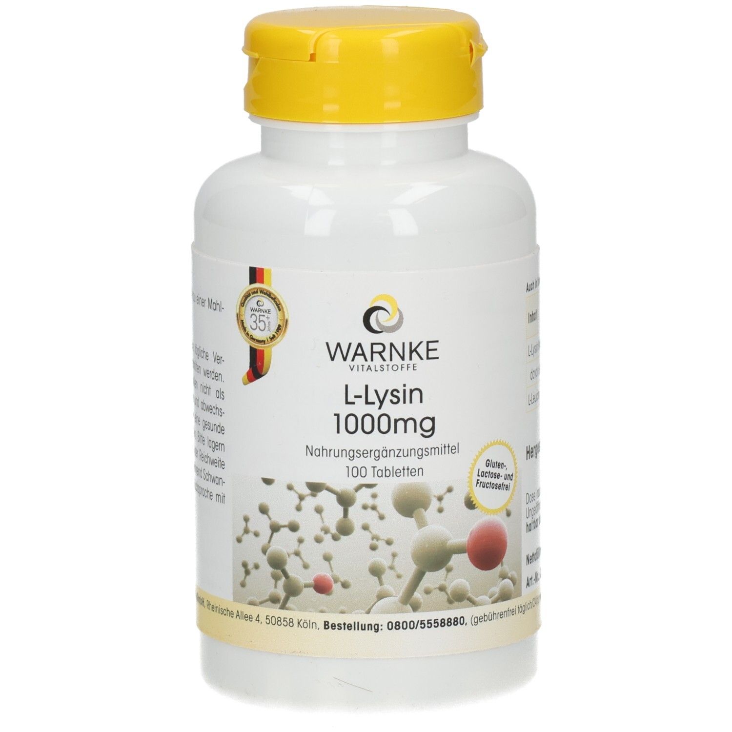 Flacon blanc avec bouchon jaune. Inscription : L-Lysine 1000mg, 100 comprimés. Marque : Warnke Vitalstoffe. Sans gluten ni lactose.