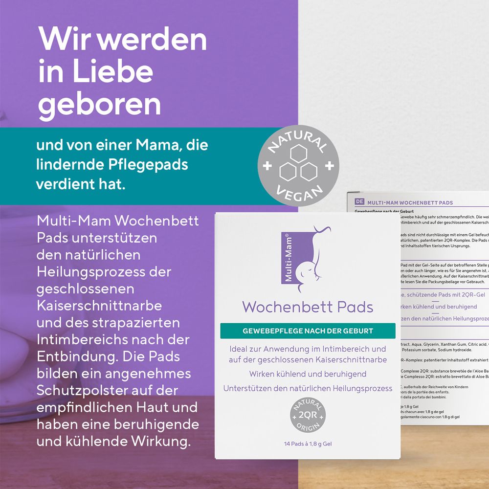 Informations produit et emballage des compresses post-partum.