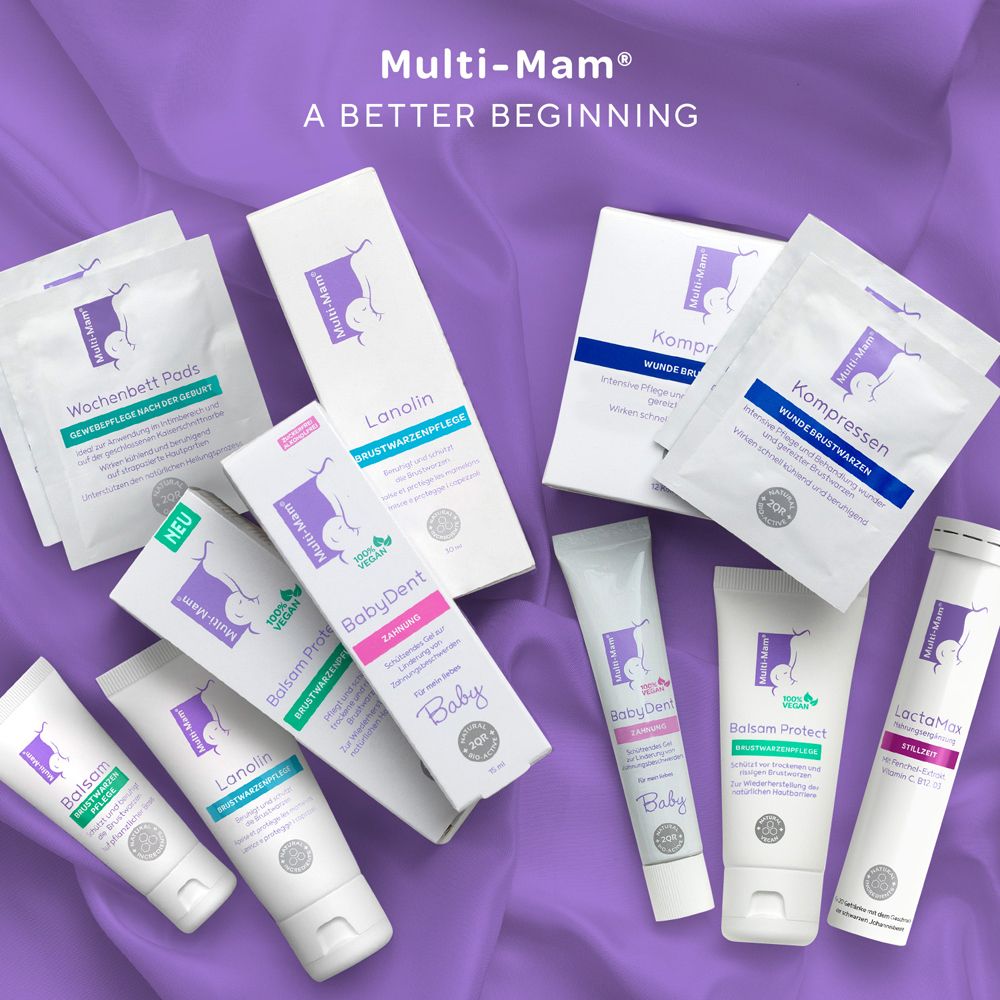 Gamme de produits Multi-Mam, y compris les compresses post-partum.