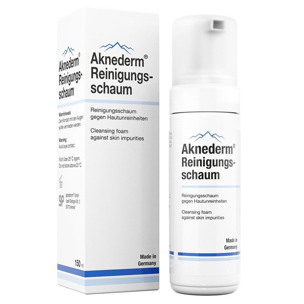 Aknederm Reinigungsschaum, flacon et boîte blancs. Texte : Mousse nettoyante contre les impuretés cutanées. Fabriqué en Allemagne.