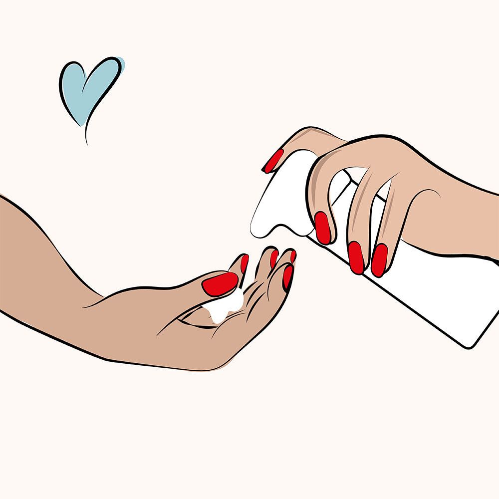 Illustration : mains avec vernis à ongles rouge, l'une tient un flacon blanc, l'autre reçoit de la mousse. Coeur bleu.