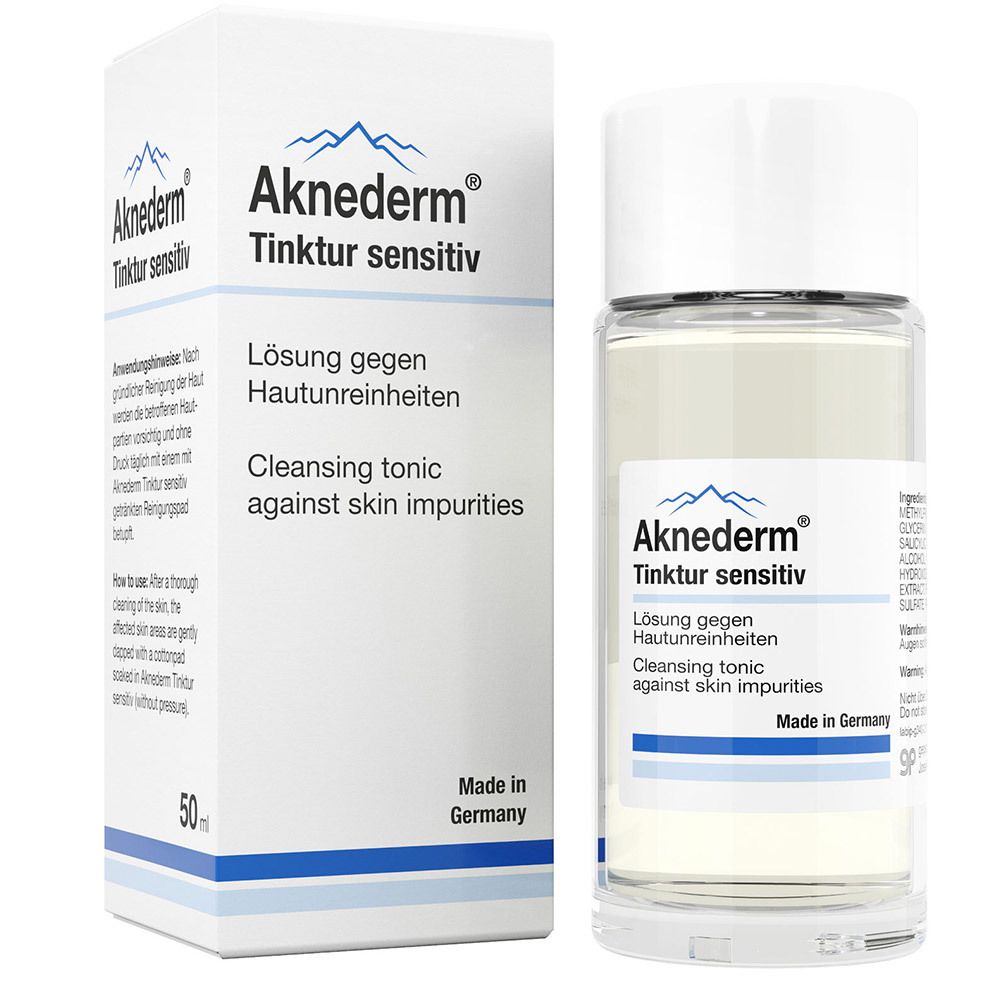 Flacon et emballage Aknederm Tinktur sensitiv. Solution contre les impuretés cutanées. Fabriqué en Allemagne.