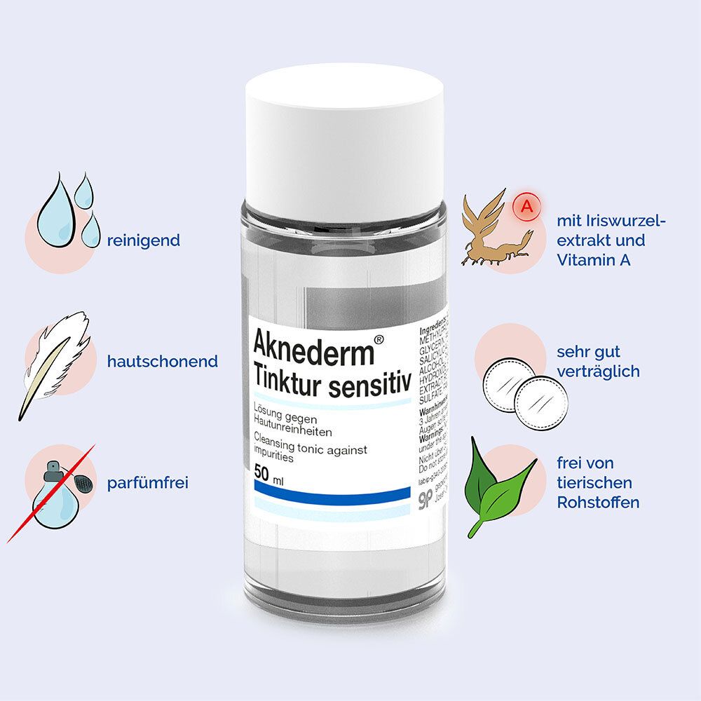 Flacon Aknederm Tinktur sensitiv. Caractéristiques : nettoyant, doux pour la peau, sans parfum, très bien toléré.