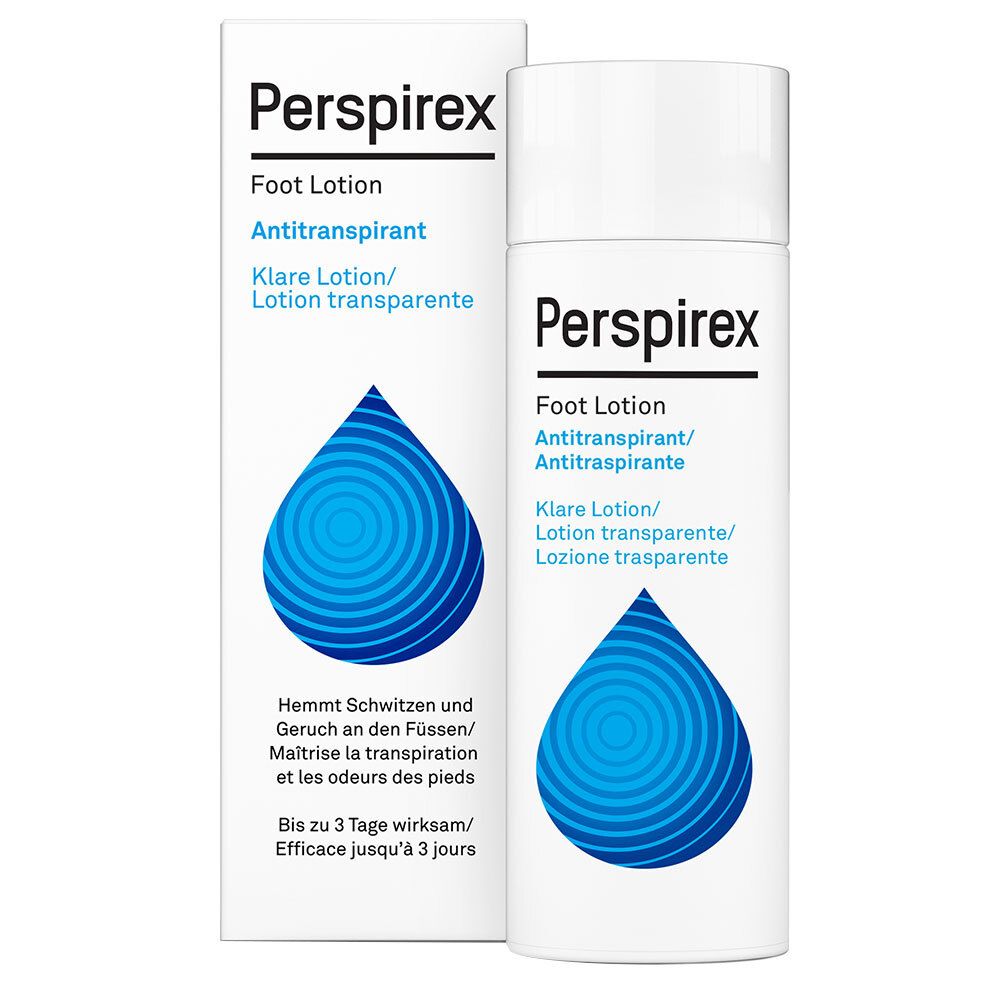 Perspirex Foot Lotion. Flacon et boîte blancs. Goutte bleue stylisée. Texte: Antitranspirant, lotion claire.
