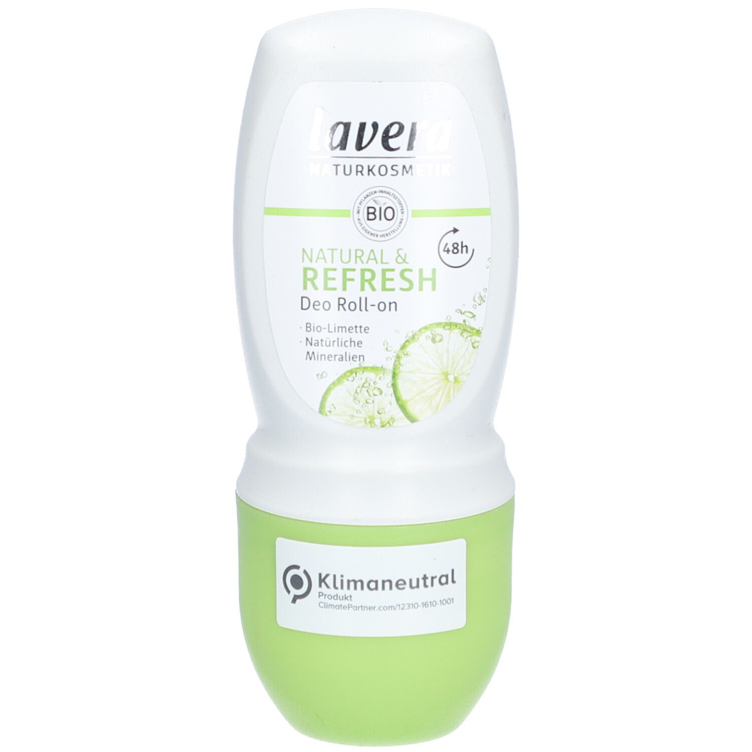 Roll-on déodorant blanc et vert. Inscription: Natural & Refresh, Bio-Citron vert, 48h. Label neutre en carbone.