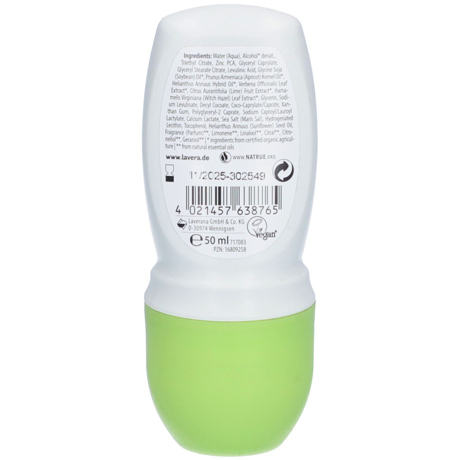 Roll-on déodorant, vue latérale. Couvercle blanc, base verte. Texte sur l'étiquette.