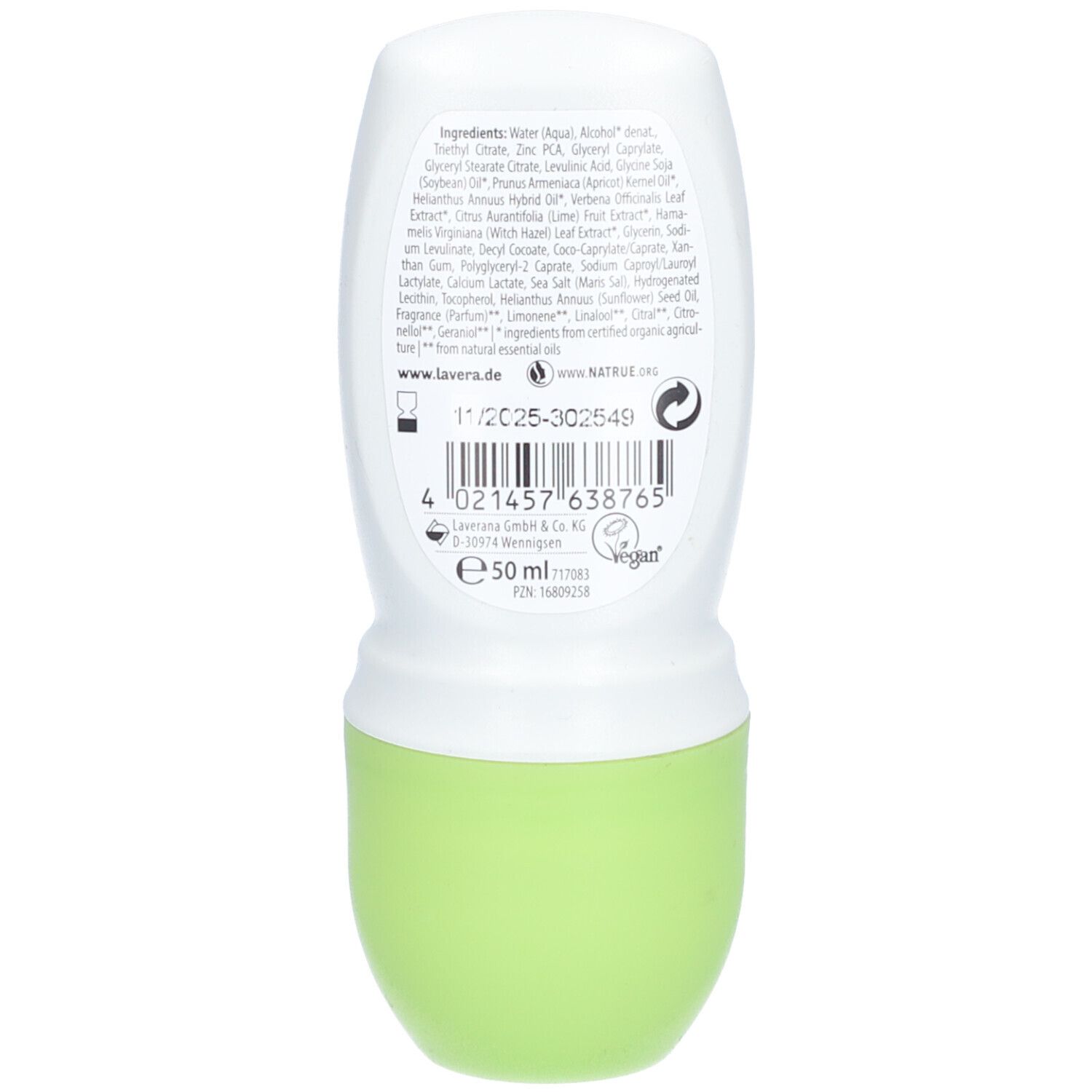 Dos du roll-on déodorant. Liste des ingrédients, code-barres, volume 50 ml, label vegan.