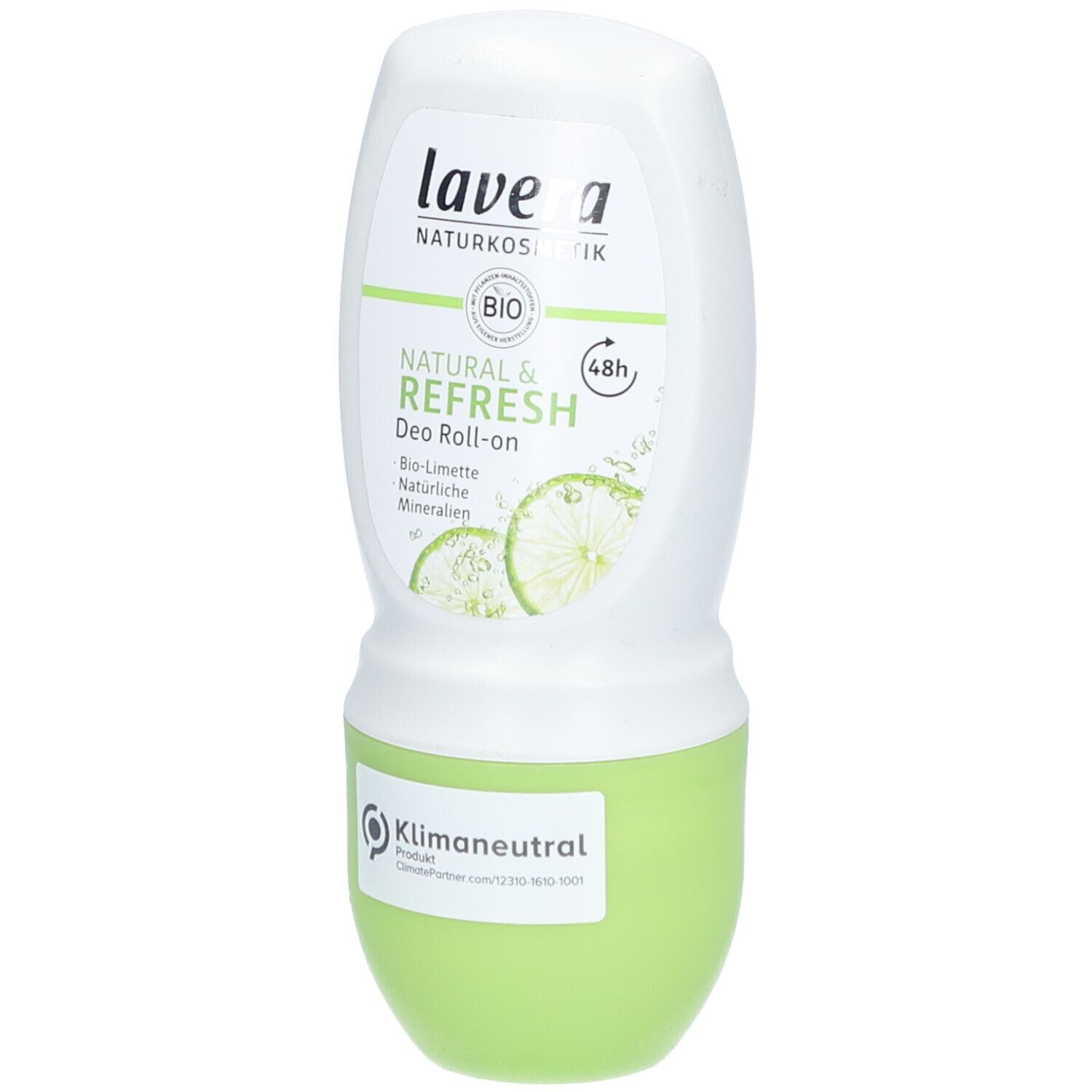 Roll-on déodorant blanc et vert. Inscription: Natural & Refresh, Bio-Citron vert, 48h. Label neutre en carbone.