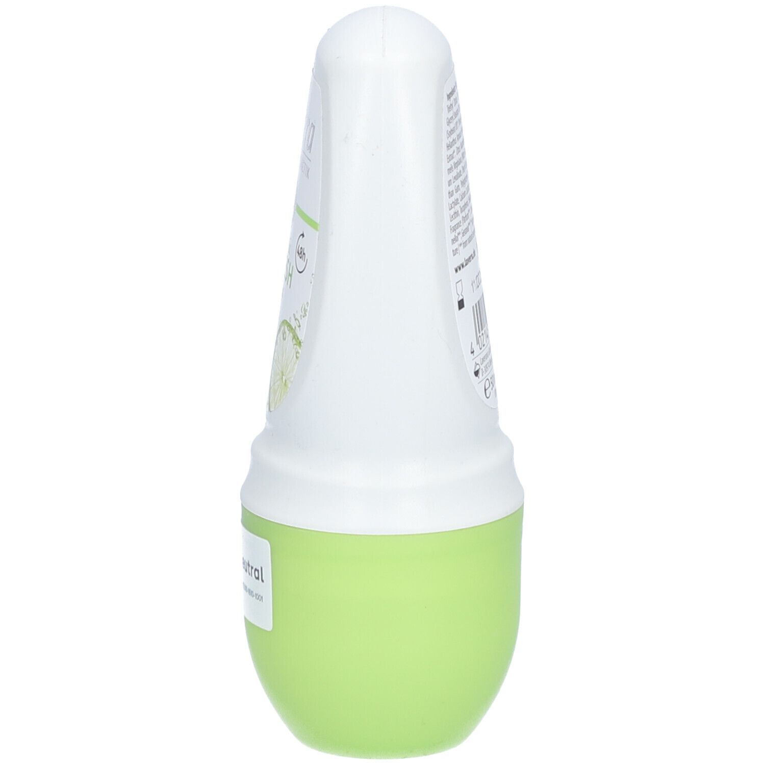 Roll-on déodorant, vue latérale. Couvercle blanc, base verte. Texte sur l'étiquette.