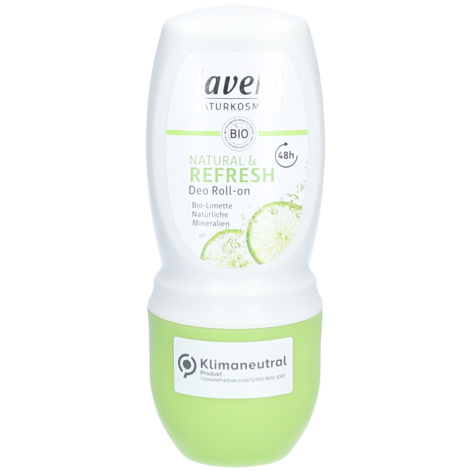Roll-on déodorant blanc et vert. Inscription: Natural & Refresh, Bio-Citron vert, 48h. Label neutre en carbone.