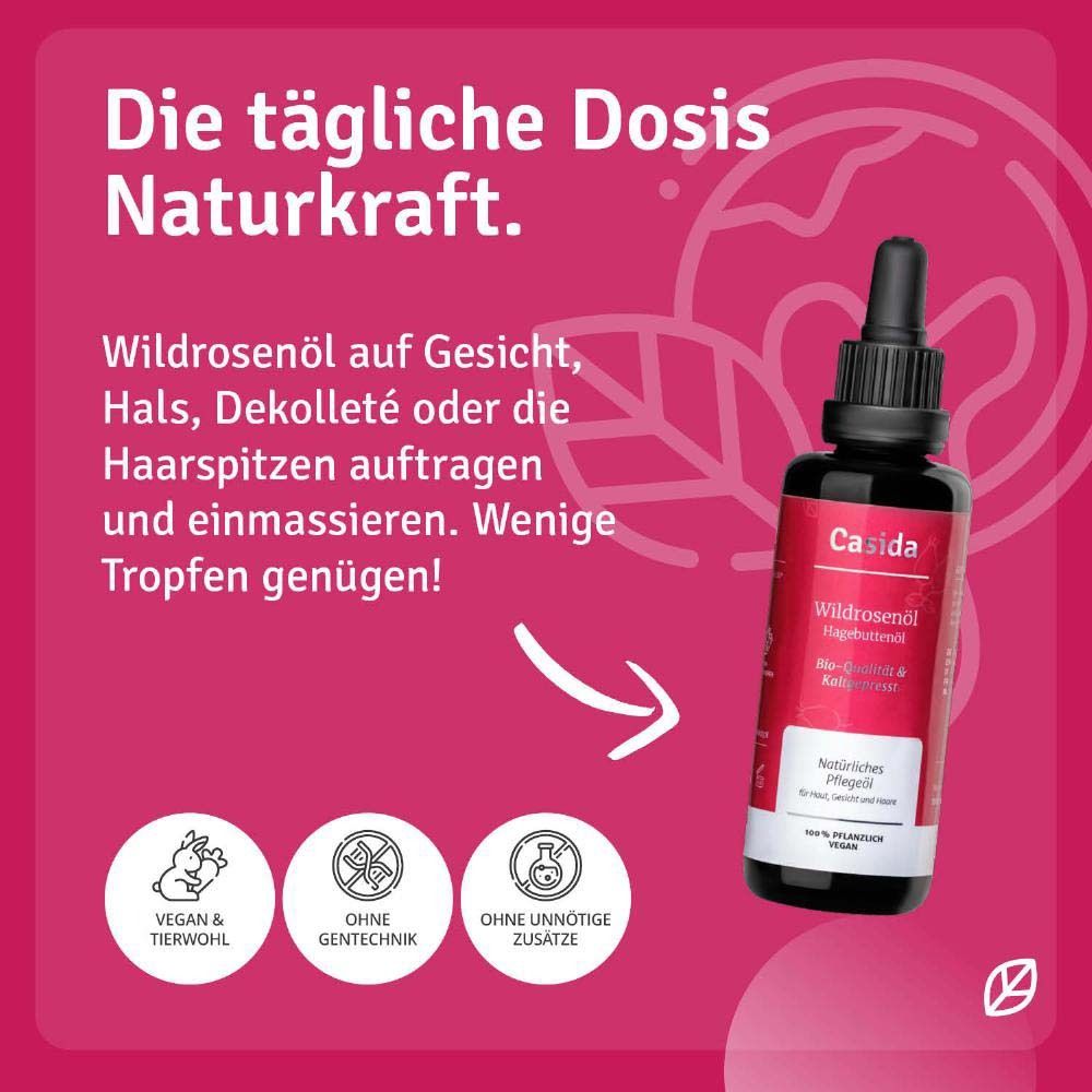 Texte sur fond rose avec coches. Idéal pour la routine beauté. Hydrate. Huile de rose musquée naturelle.