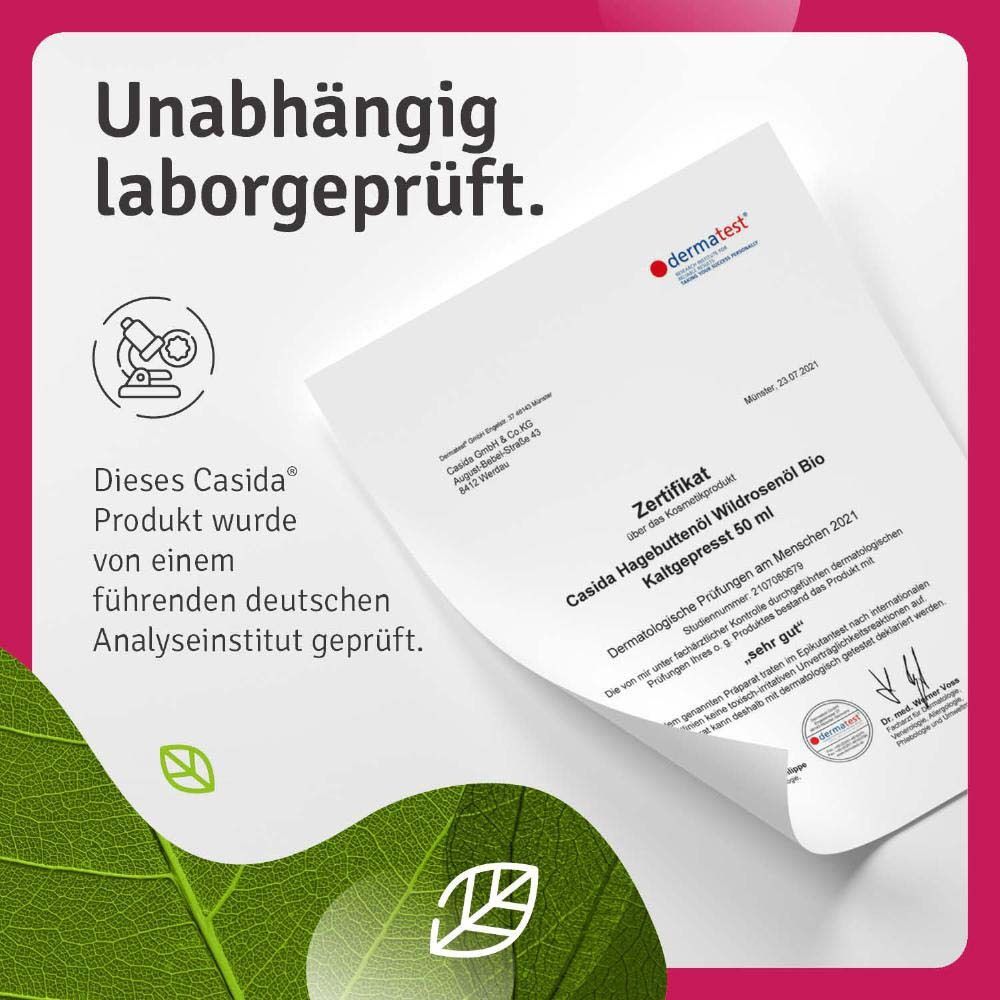 Certificat. Testé en laboratoire indépendant. Casida Huile de rose musquée Bio. Très bien. Dermatest.