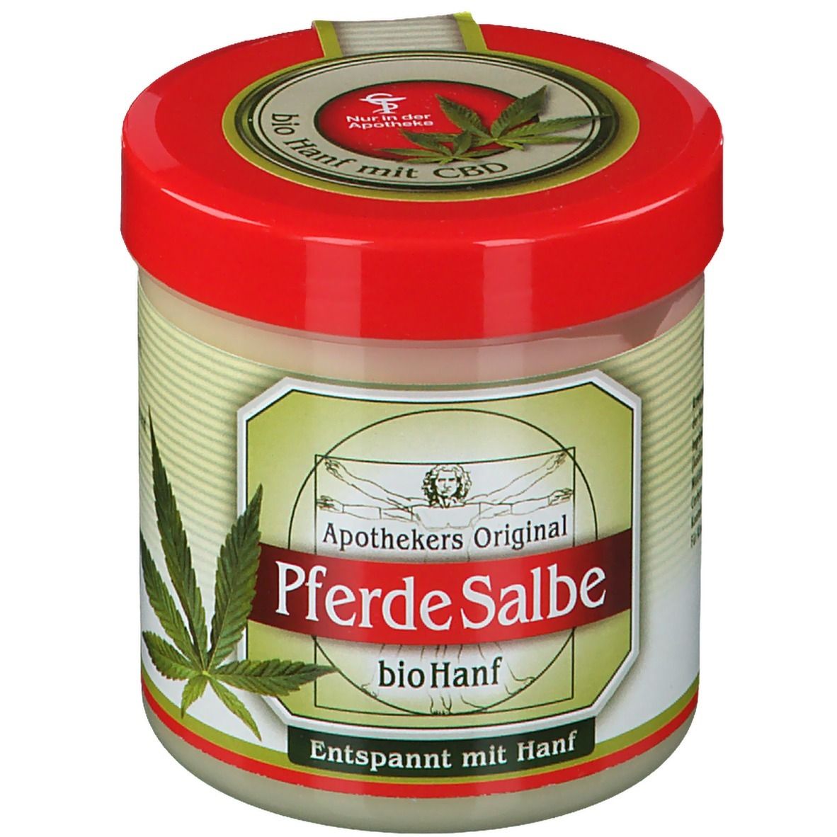 Pot de crème avec couvercle rouge. L'étiquette indique "Apothekers Original Pferde Salbe bio Hanf".