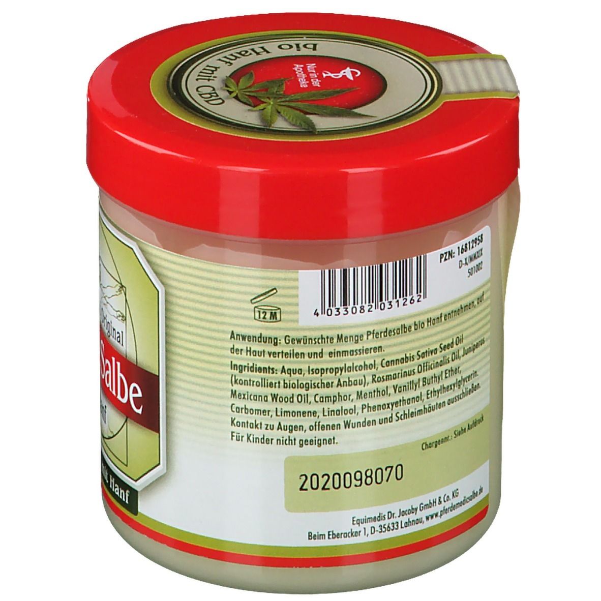 Dos d'un pot de crème avec couvercle rouge. Texte : ingrédients, utilisation, numéro de lot et fabricant.