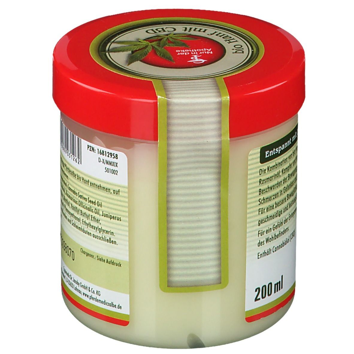 Pot de crème avec couvercle rouge. Au dos, texte : utilisation, ingrédients, numéro de lot et fabricant.