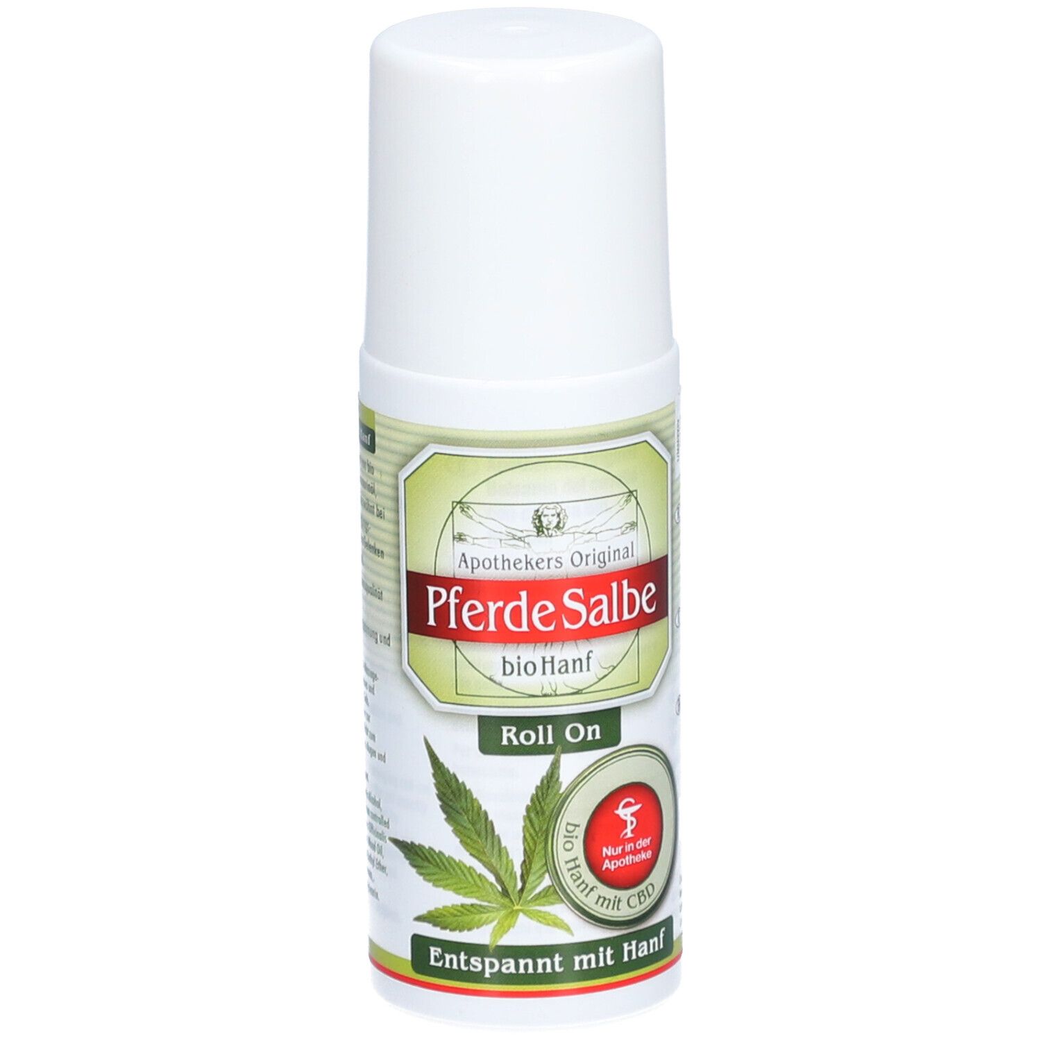 Roll-on blanc avec étiquette verte. Inscription: Apothekers Original Pferde Salbe bio Hanf. Avec chanvre et CBD. Logo de pharmacie.