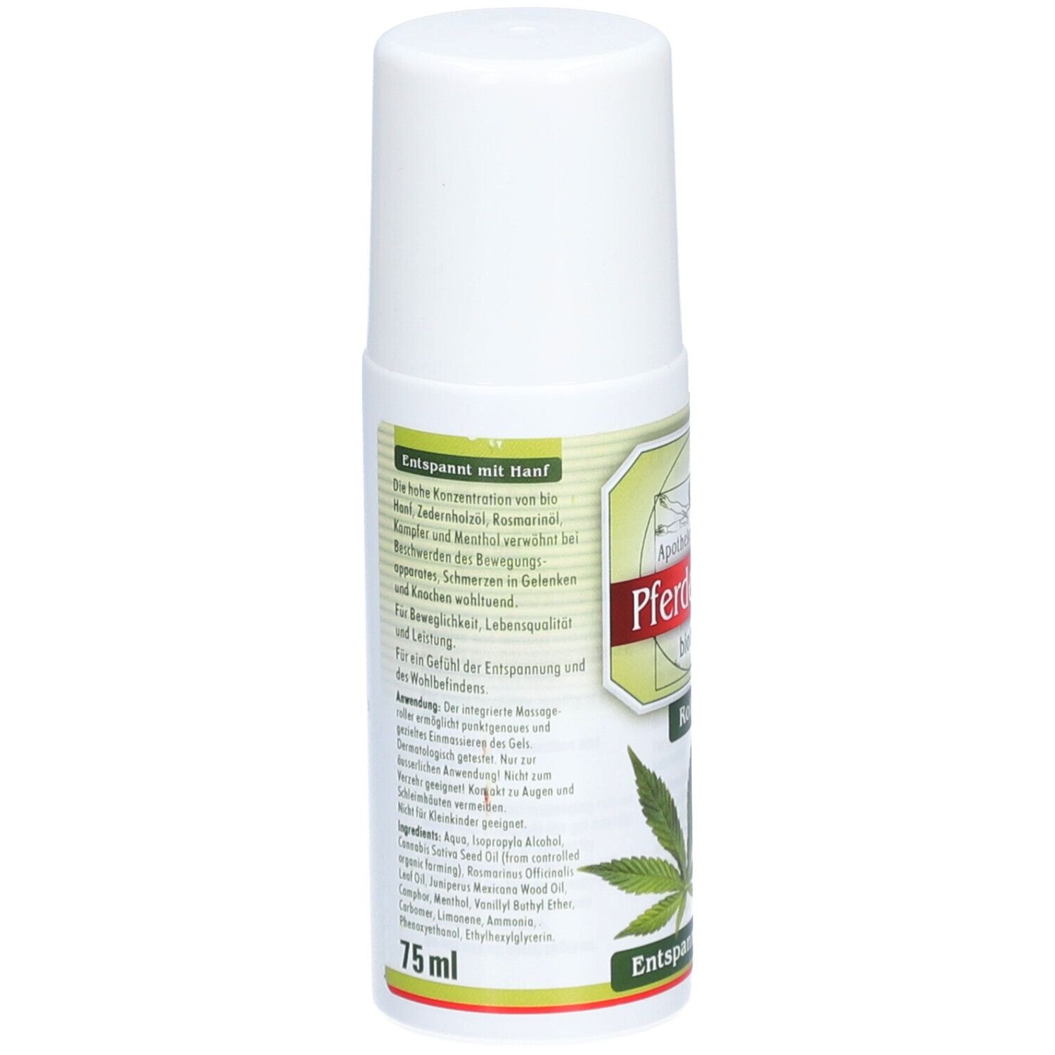 Roll-on blanc avec étiquette verte. Dos avec texte et ingrédients. Inscription: 75 ml.