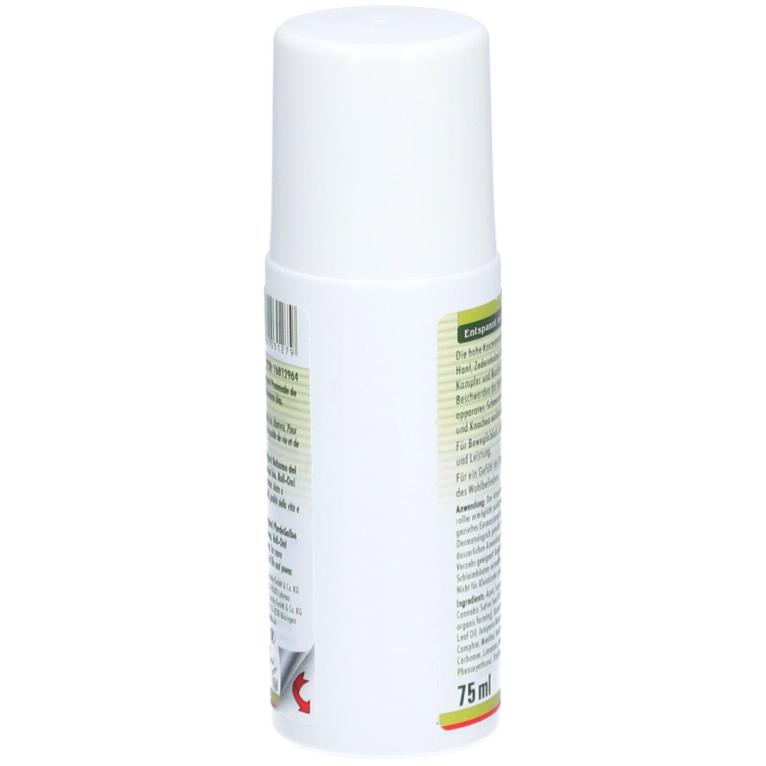 Roll-on blanc, dos avec texte. Inscription: 75 ml. Logo de pharmacie.