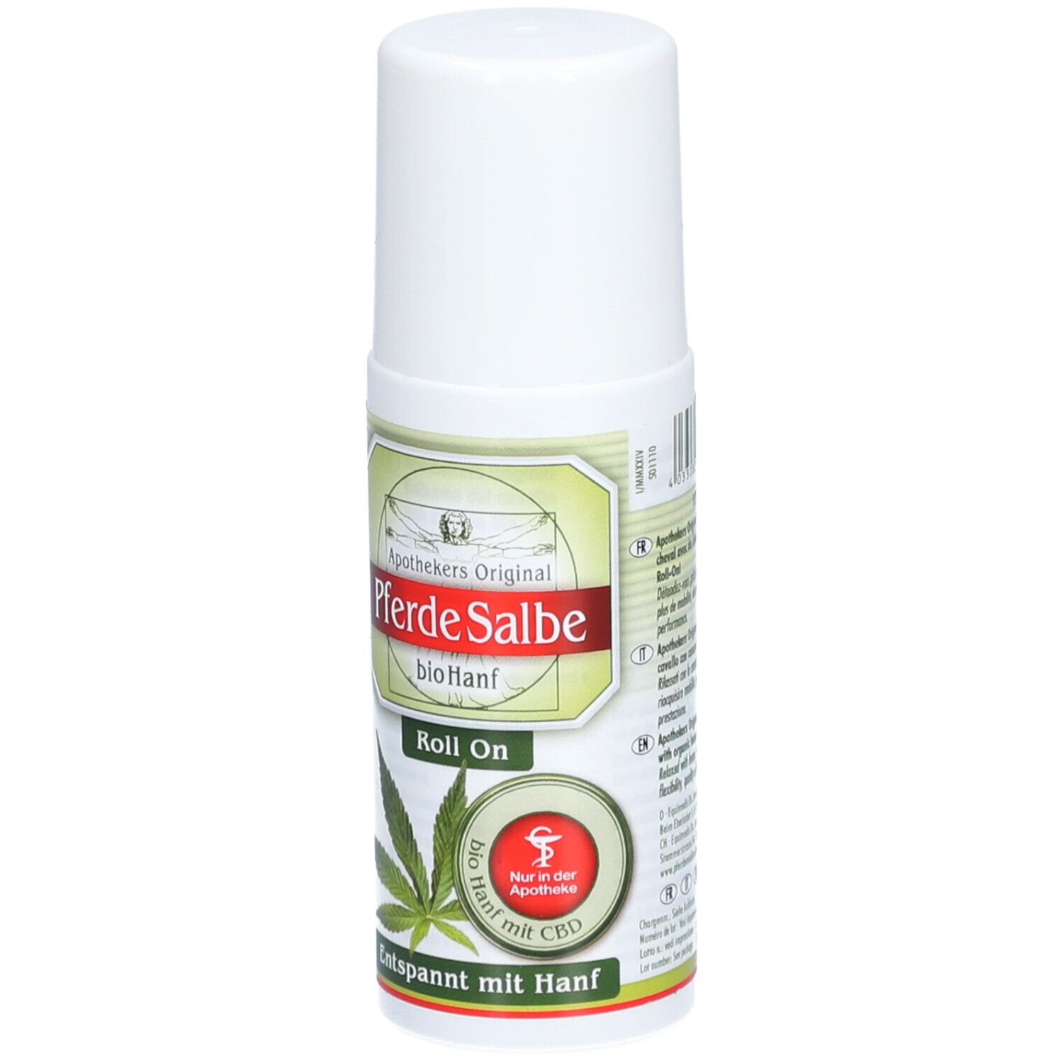 Roll-on blanc avec étiquette verte. Inscription: Apothekers Original Pferde Salbe bio Hanf. Avec chanvre et CBD. Logo de pharmacie.