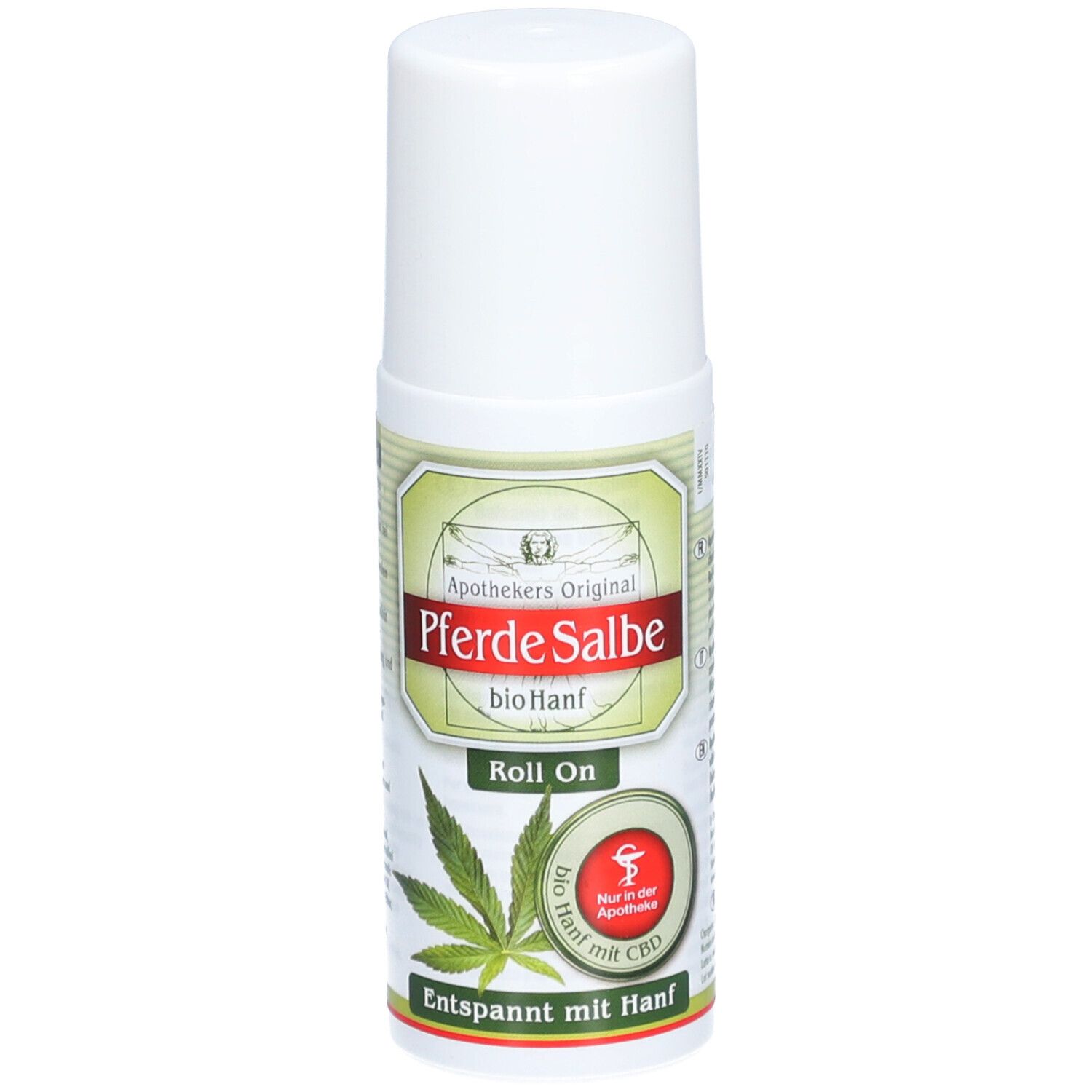 Roll-on blanc avec étiquette verte. Inscription: Apothekers Original Pferde Salbe bio Hanf. Avec chanvre et CBD. Logo de pharmacie.