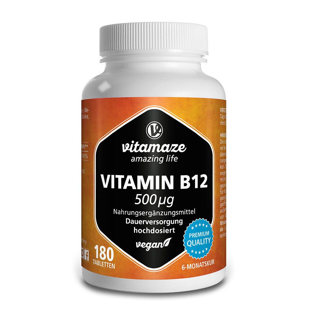 Flacon blanc avec bouchon à vis. Étiquette "Vitamaze Vitamin B12 500 µg", 180 comprimés, vegan, Premium Quality.