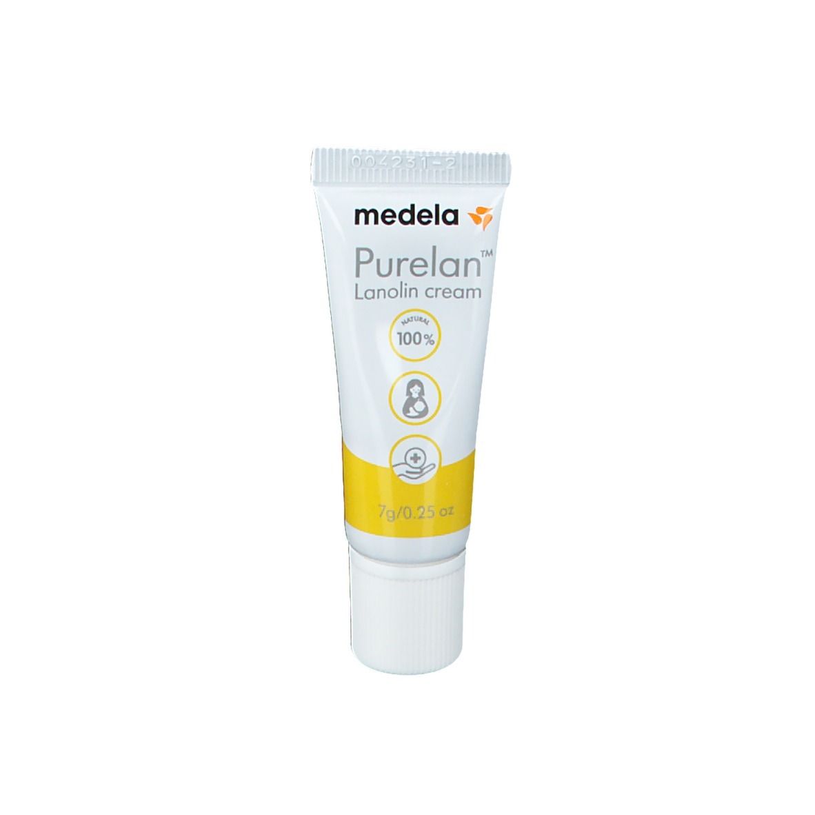 Petit tube blanc avec bouchon. Inscription: Purelan Lanolin cream, 100%. Bande jaune.