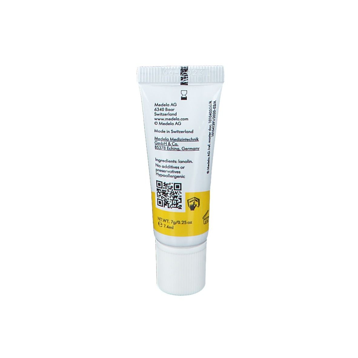 Dos du tube. Texte et QR code. Bande jaune avec texte. Bouchon blanc.