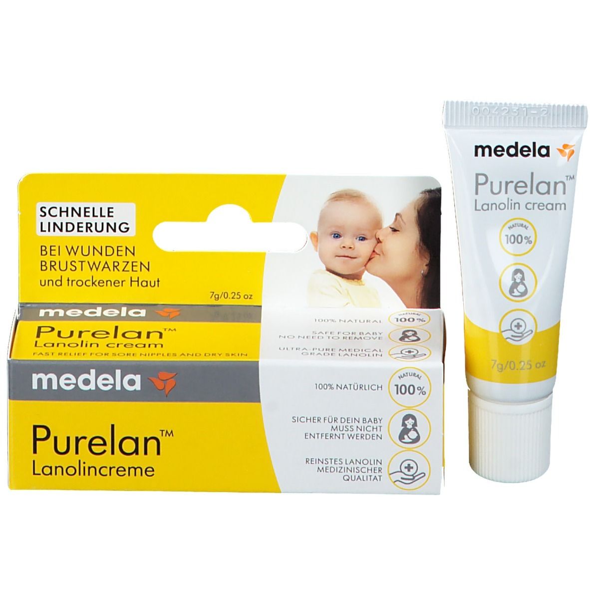 Emballage du produit avec tube. Inscription: Purelan Lanolin cream. Bébé et mère. Jaune et blanc.