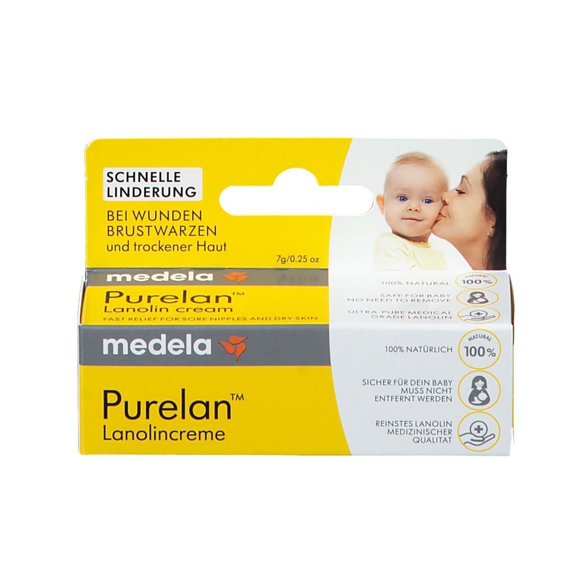 Emballage du produit avec tube. Inscription: Purelan Lanolin cream. Bébé et mère. Jaune et blanc.