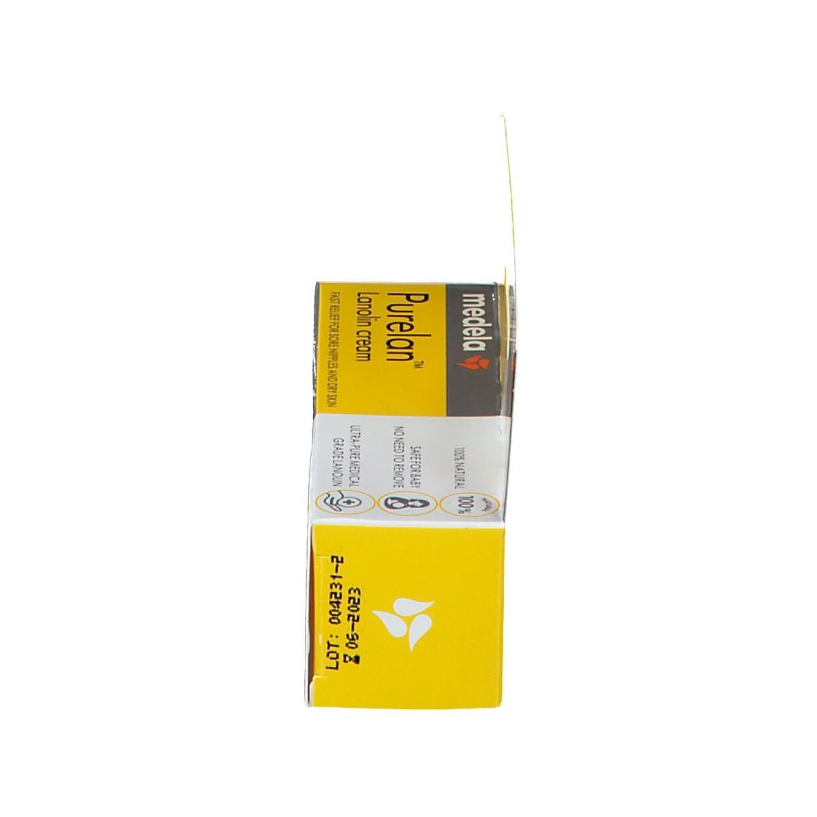 Vue latérale de l'emballage du produit. Inscription: Purelan Lanolin cream. Jaune et blanc.