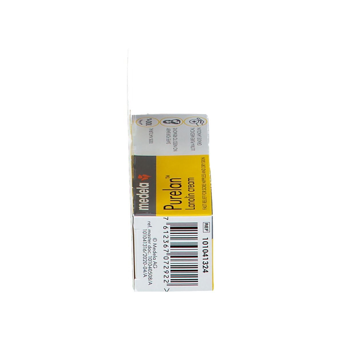 Vue latérale de l'emballage du produit. Inscription: Purelan Lanolin cream. Code-barres. Jaune et blanc.