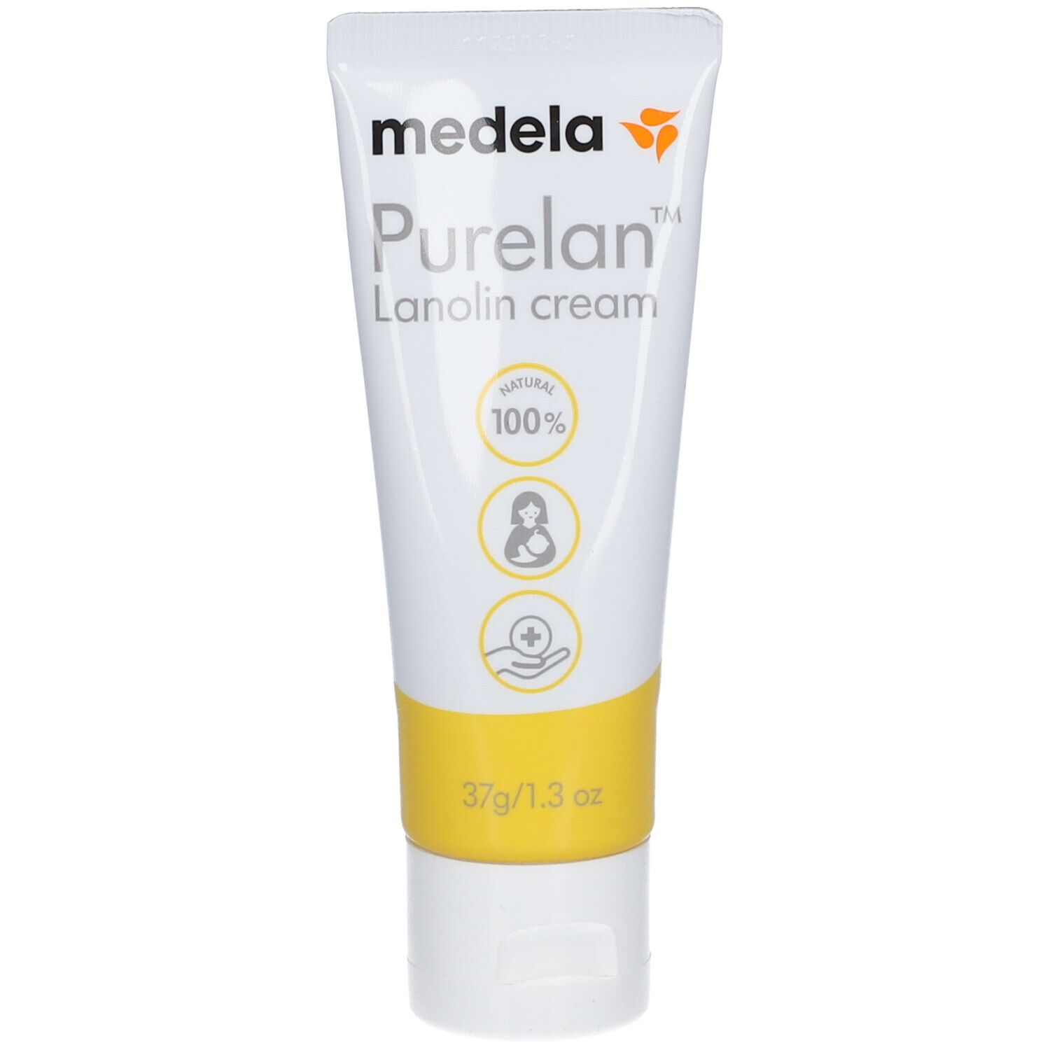 Tube blanche et jaune avec nom et logo du produit. Contient 100% de lanoline. 37g/1.3 oz.