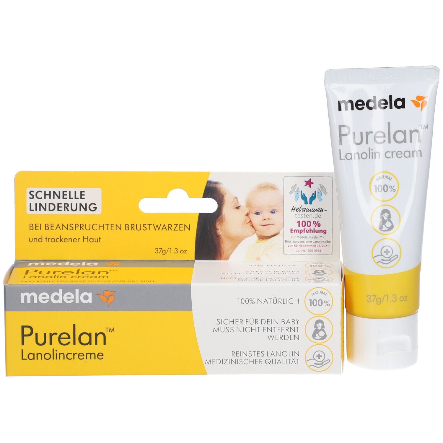 Produit et emballage. Tube et boîte avec nom et logo du produit. Contient 100% de lanoline.