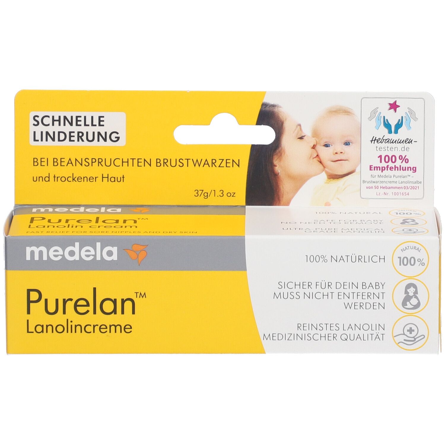 Emballage avec nom et logo du produit. Contient 100% de lanoline. Texte: Soulagement rapide des mamelons irrités.