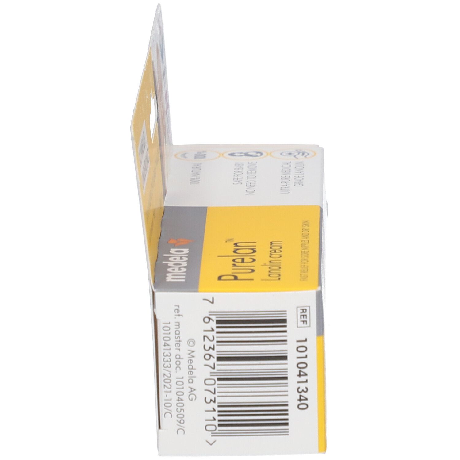 Vue latérale de l'emballage. Contient des informations sur le produit et un code-barres.