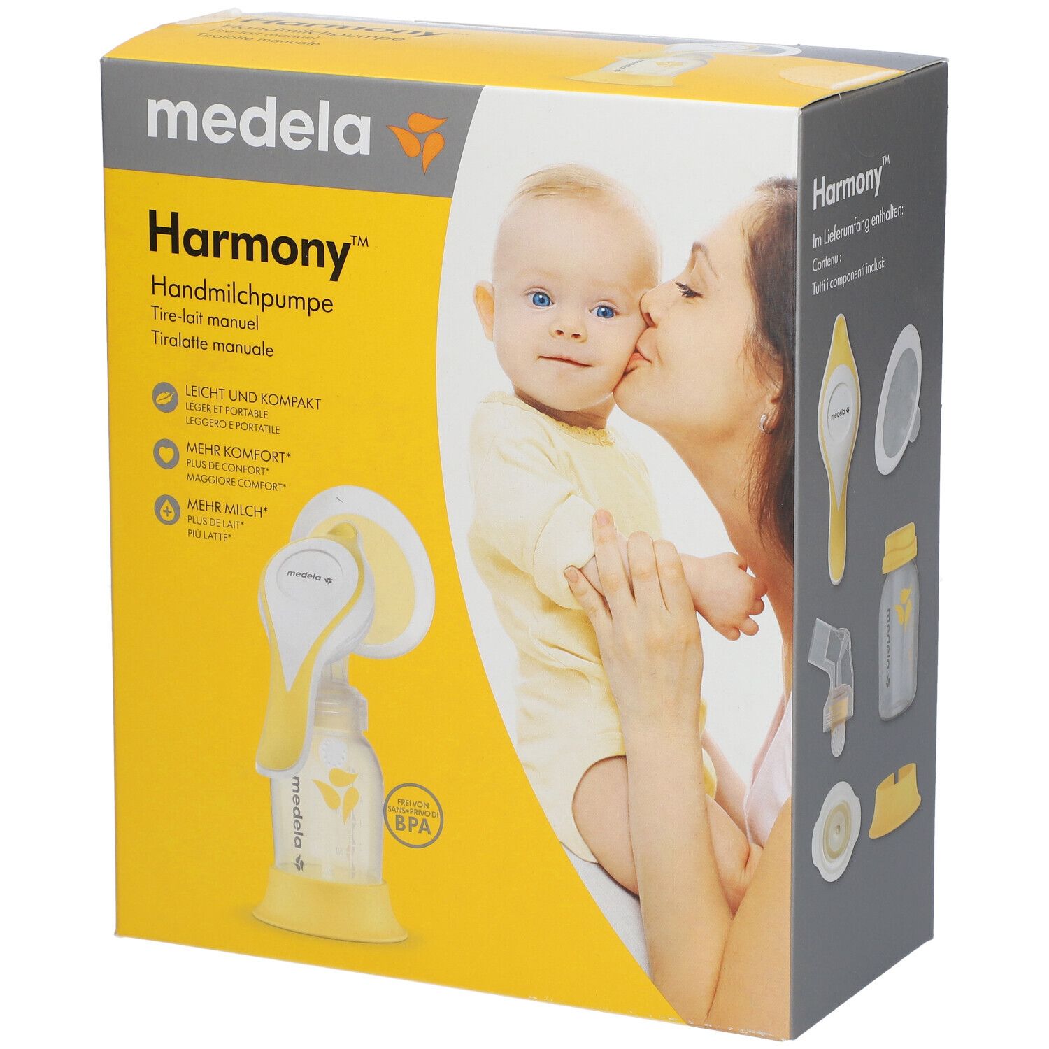 Emballage de tire-lait. Inscription : medela Harmony, bébé, femme, accessoires. Jaune, blanc.