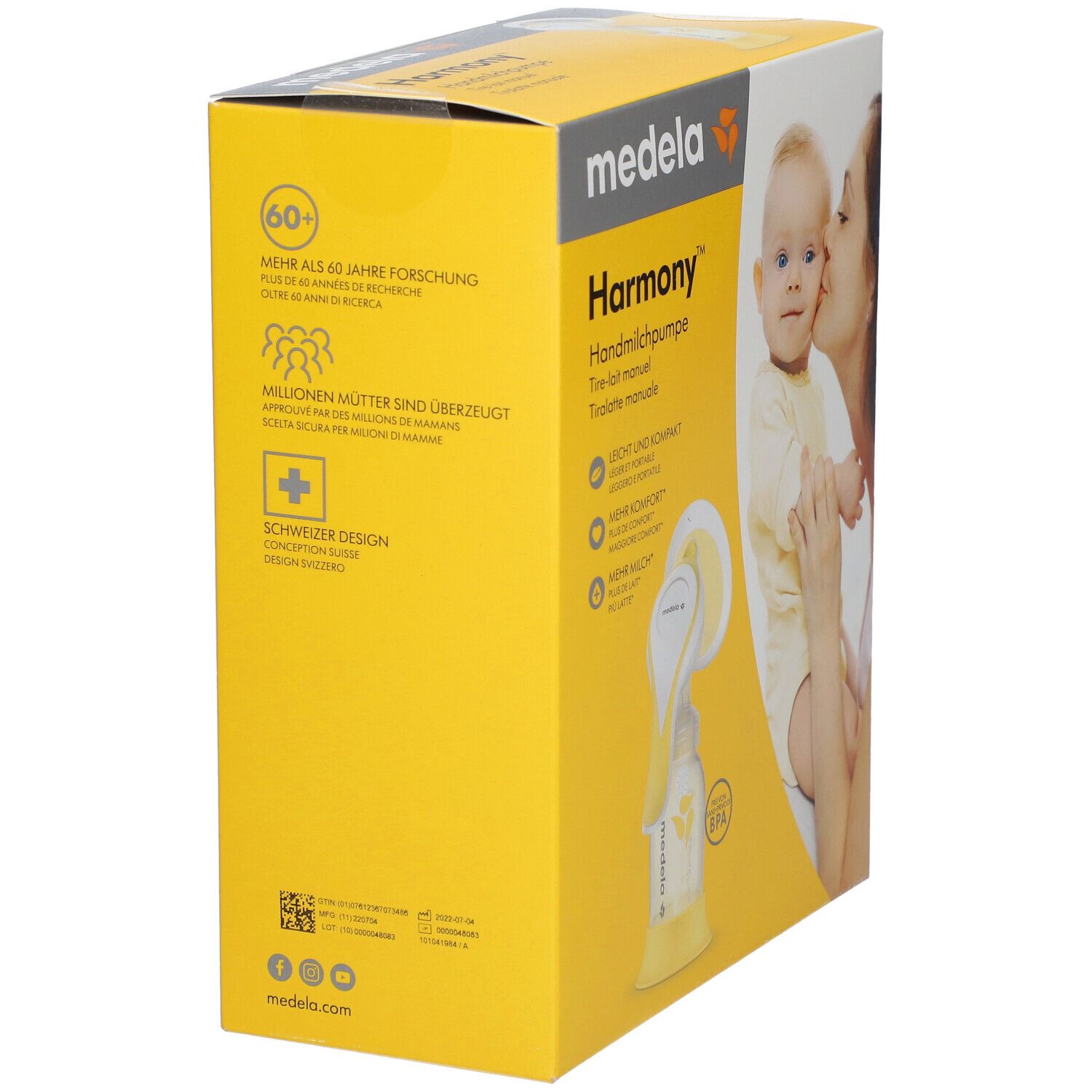 Emballage de tire-lait. Inscription : medela Harmony, bébé, femme. Jaune, blanc.