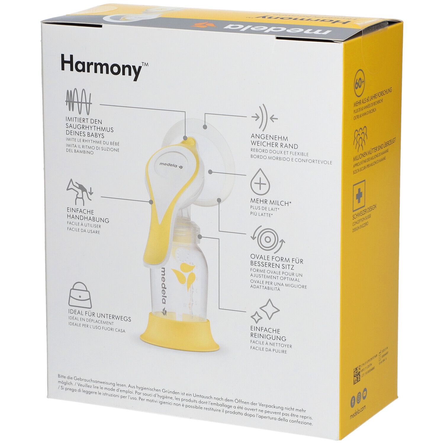 Emballage de tire-lait. Inscription : medela Harmony, caractéristiques du produit. Jaune, blanc.