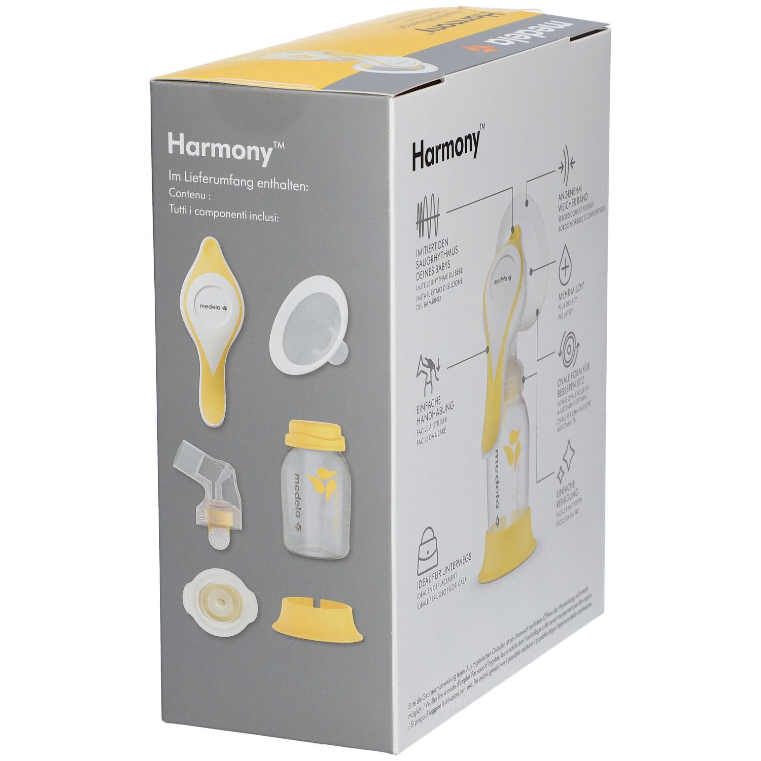Emballage de tire-lait. Inscription : medela Harmony, accessoires. Jaune, blanc.