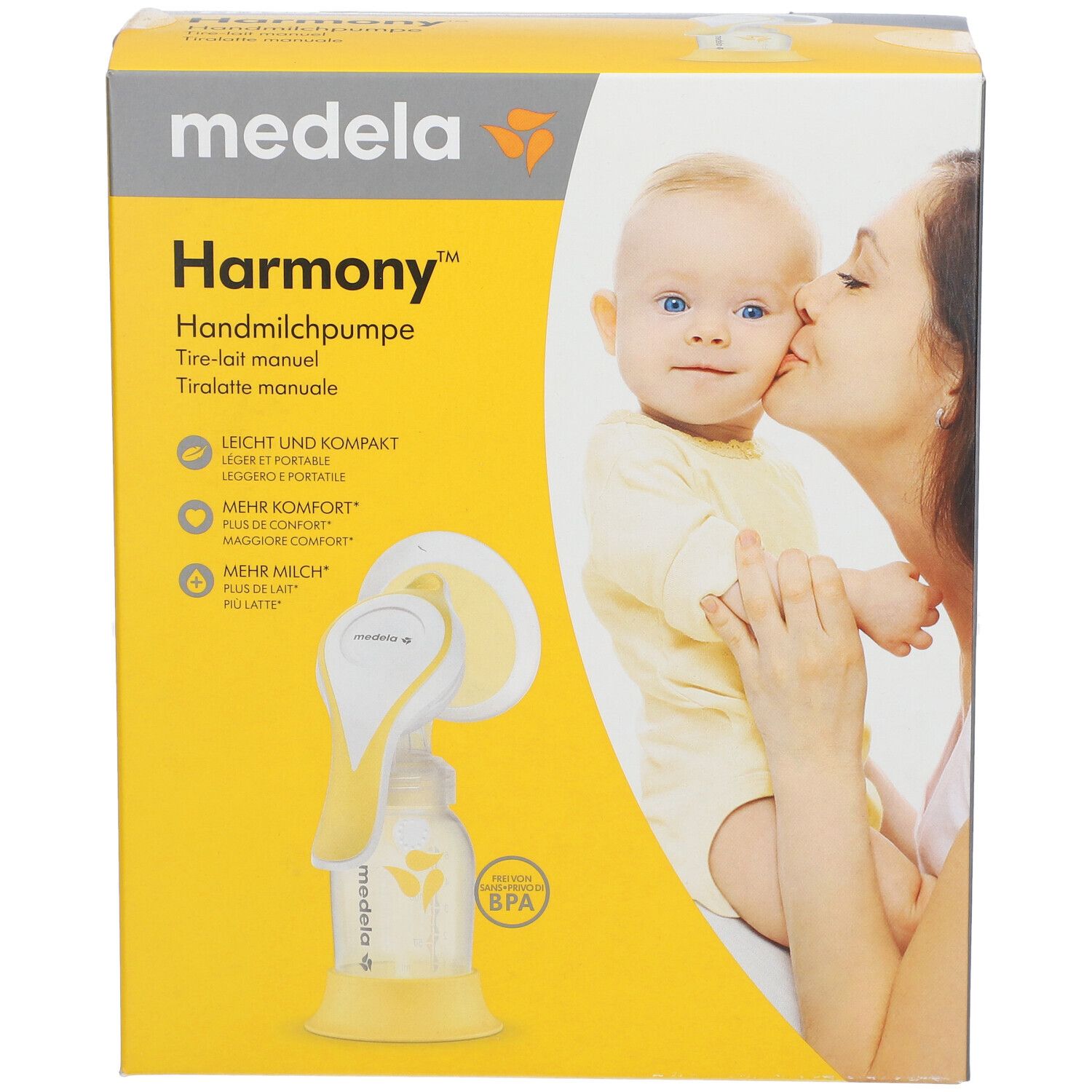 Emballage de tire-lait. Inscription : medela Harmony, bébé, femme. Jaune, blanc.