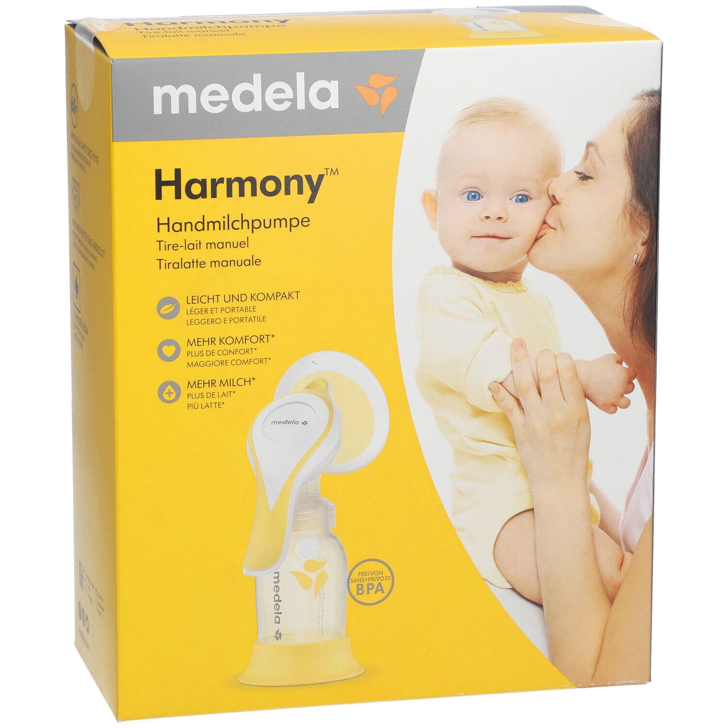 Emballage de tire-lait. Inscription : medela Harmony, bébé, femme. Jaune, blanc.