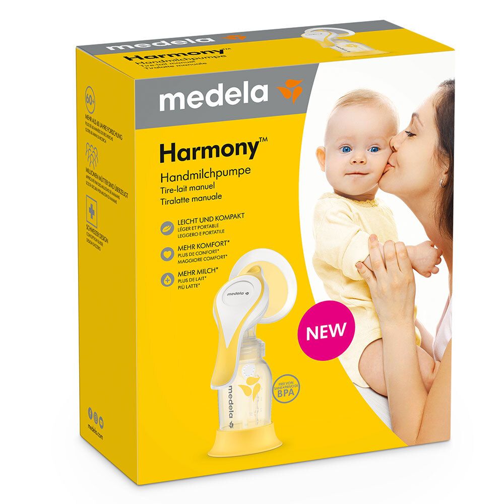 Boîte jaune avec tire-lait manuel Medela Harmony. Inscriptions : Harmony, tire-lait manuel, sans BPA. Image : mère embrassant bébé.