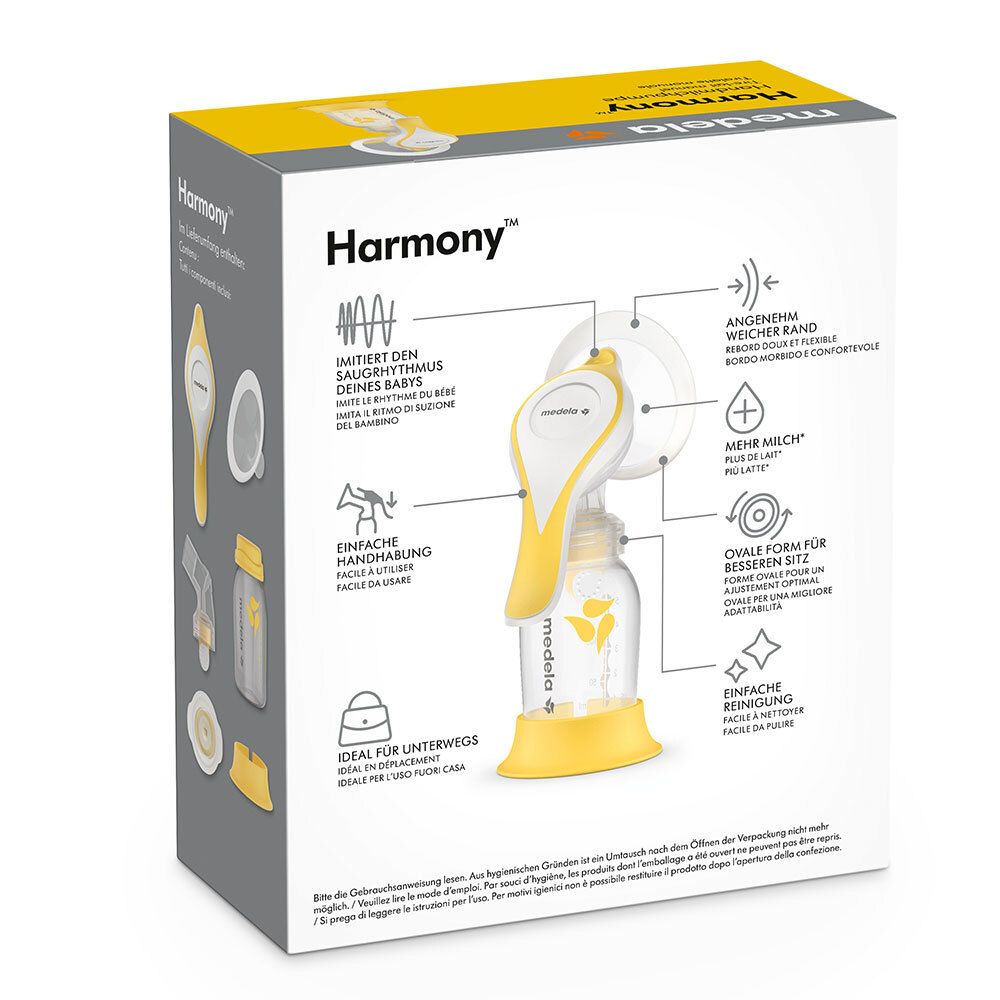 Dos de la boîte jaune avec tire-lait manuel Medela Harmony. Diagrammes montrant les fonctions. Texte : Harmony, manipulation facile, idéal pour les déplacements.
