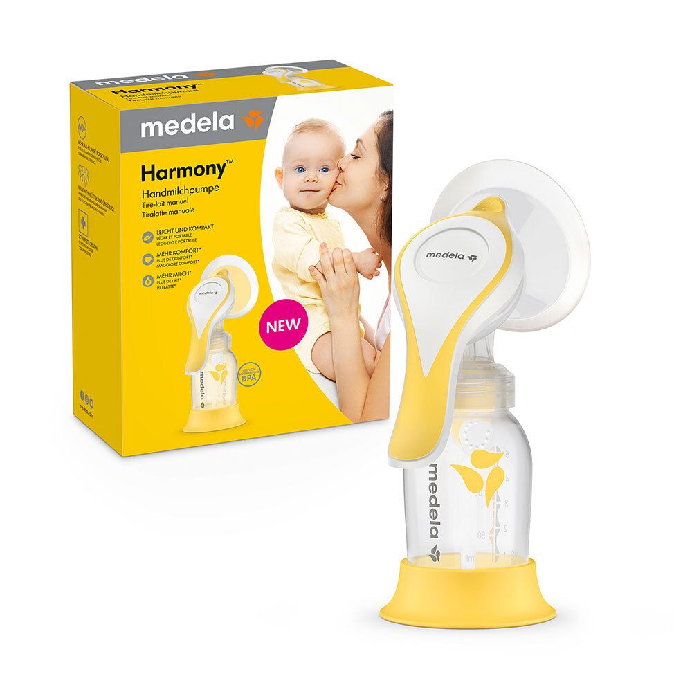 Tire-lait manuel Medela Harmony, jaune et blanc. Inscription : Medela. Image : mère embrassant bébé. Sans BPA.