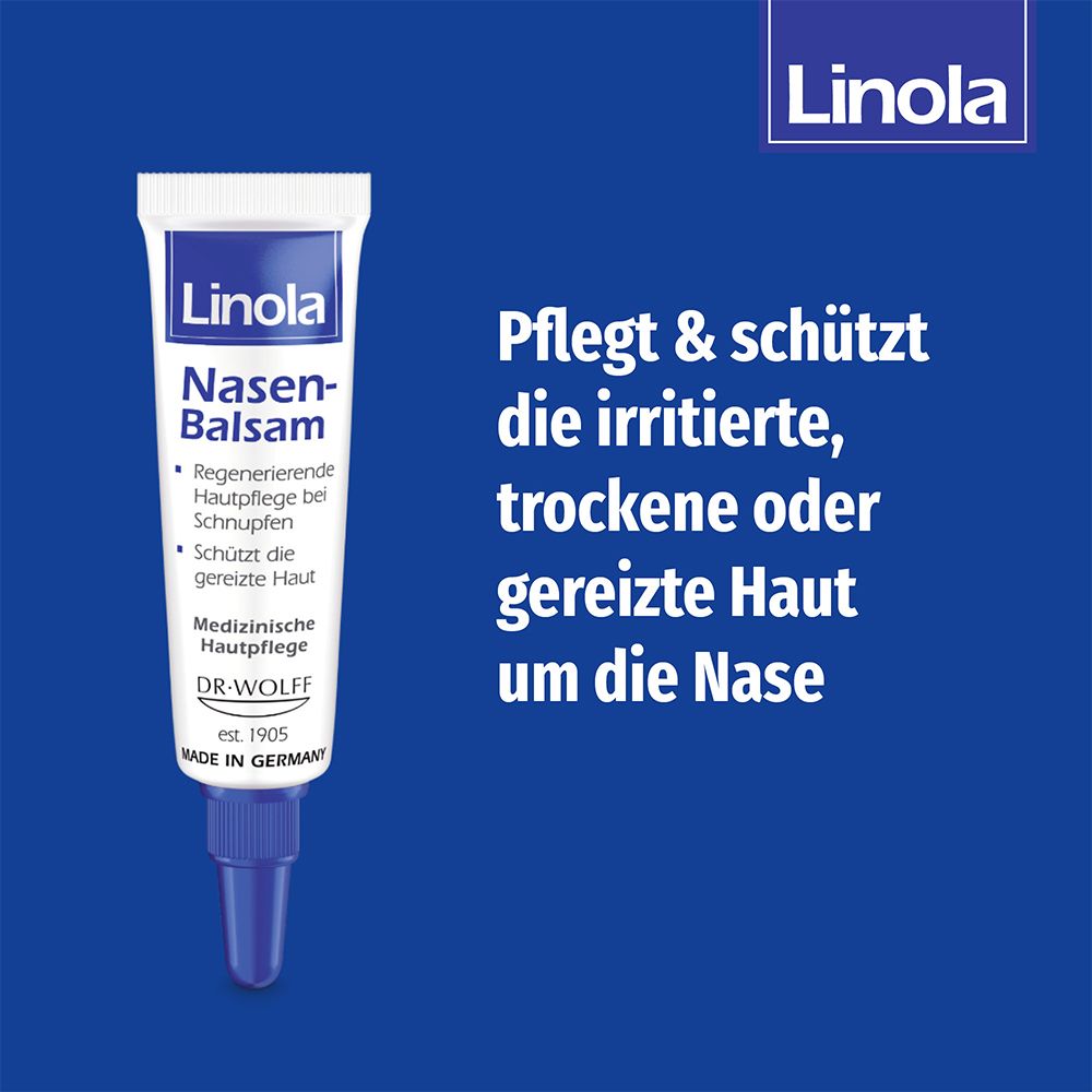 Tube de Linola Baume nasal. Soigne et protège la peau irritée, sèche ou irritée autour du nez.