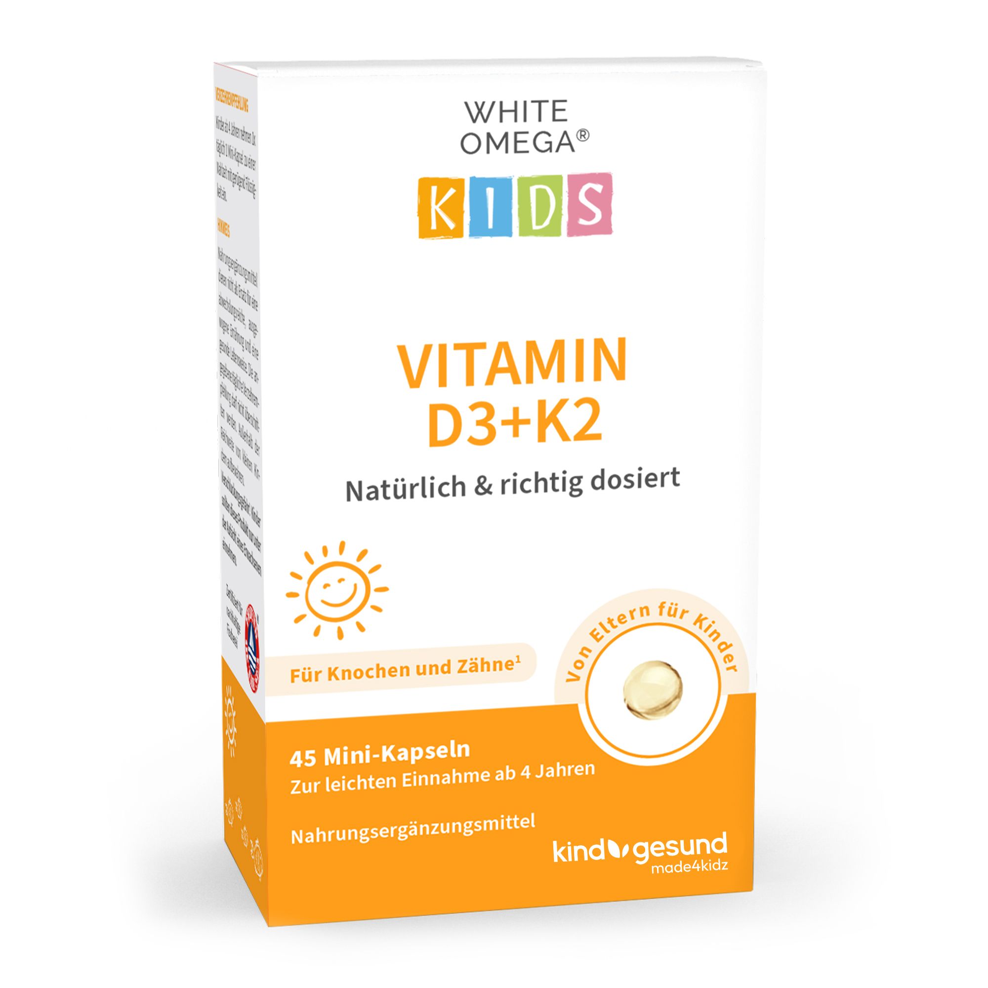 Boîte blanche avec le nom du produit WHITE OMEGA KIDS Vitamin D3+K2. Contient 45 mini-capsules. Logo Kind-gesund.