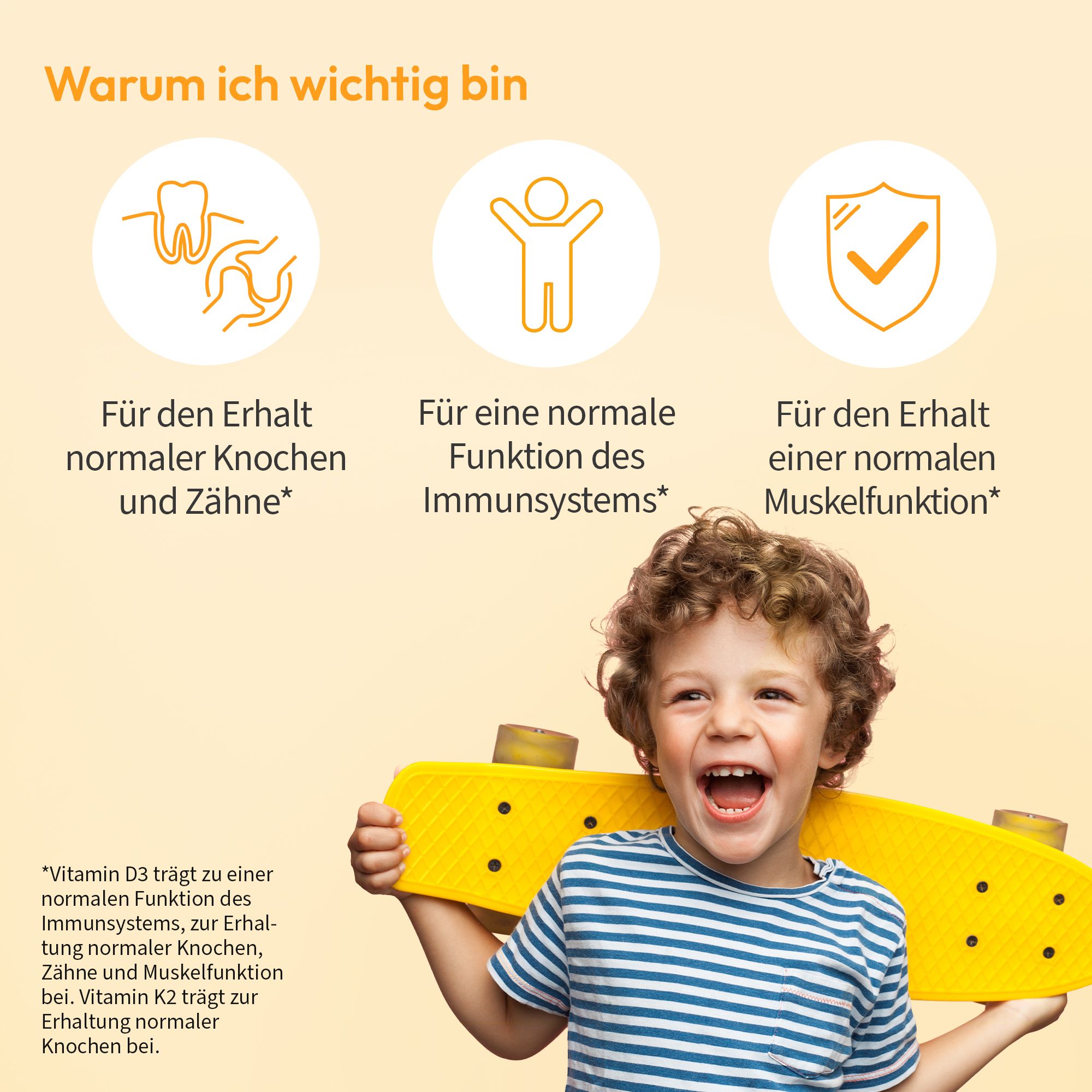 Enfant avec skateboard jaune. Texte : Pourquoi je suis important. Illustrations : dents, figure, bouclier avec coche.