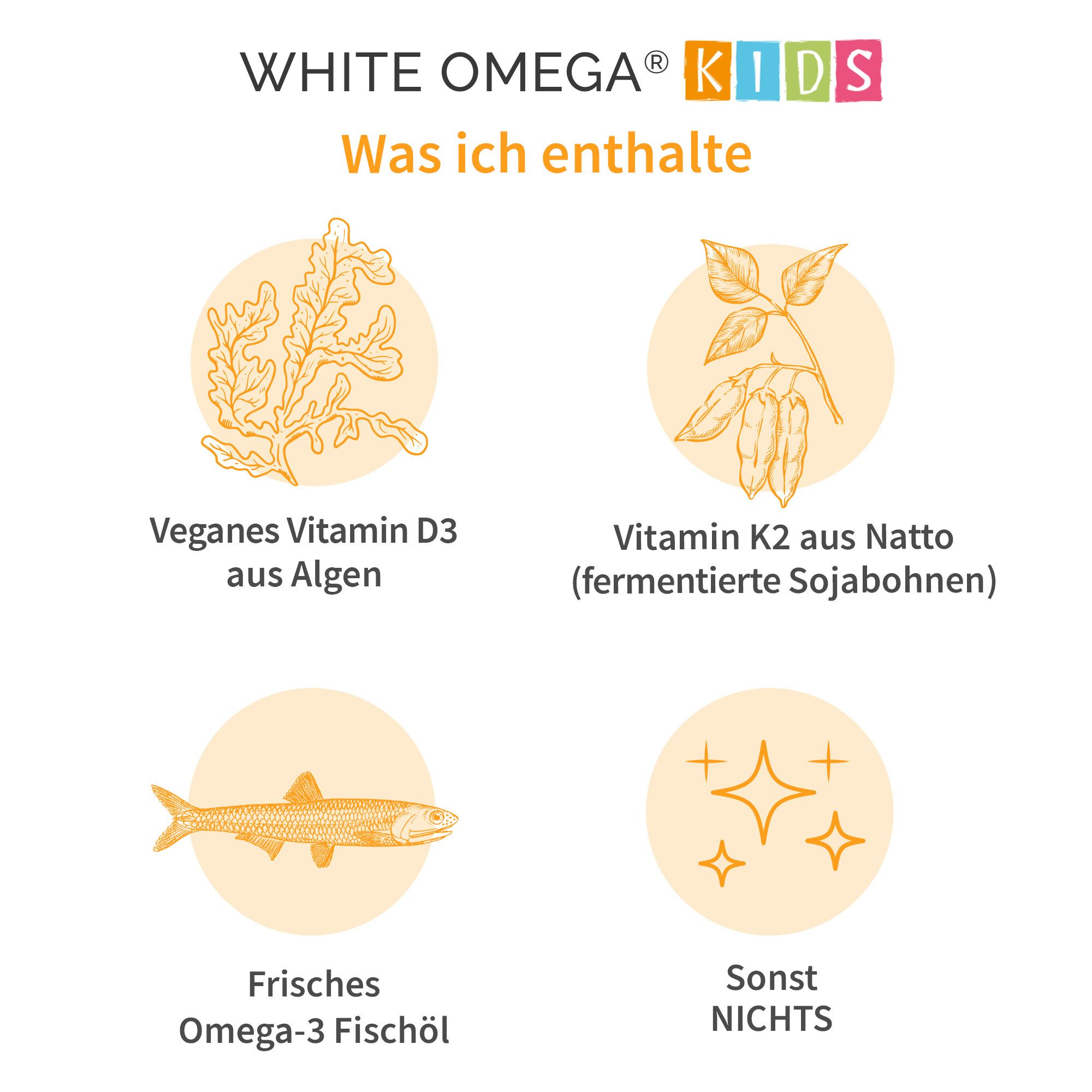 Illustrations : Vitamine D3 végétalienne d'algues, Vitamine K2 de Natto, Huile de poisson fraîche Oméga-3, Rien d'autre.